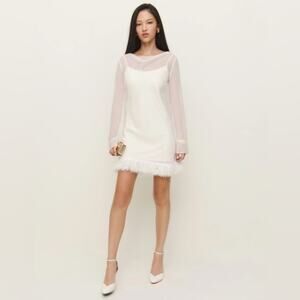 Reformation Tetty Dress White Long Sleeve Feather Hem Dress Size 0 NWT
